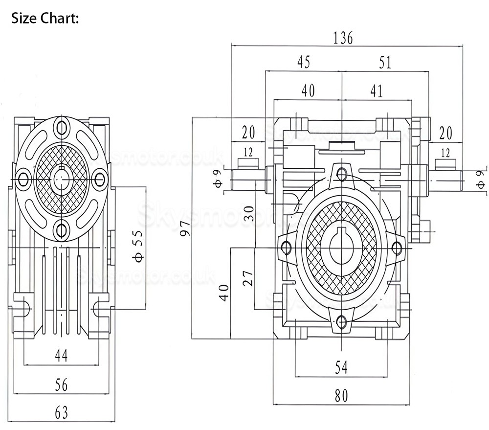 NRV030-VS Series Worm Gearbox, Ratio 5:1-80:1 Input Shaft 9mm Output Hole 14mm with Double Input Shaft